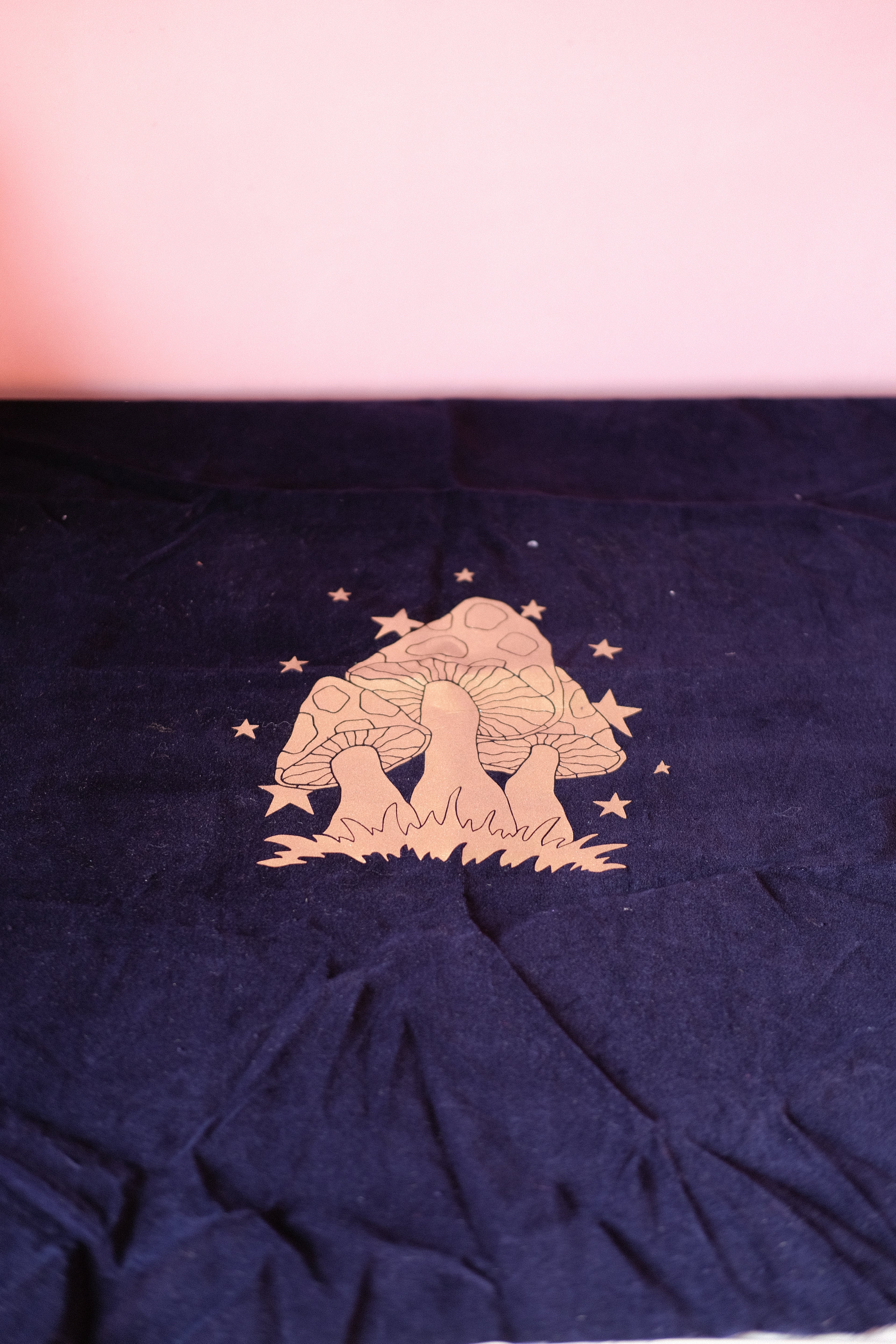 Studio Sale: Navy Velvet with Gold Toadstool Applique - Approx 1/2m