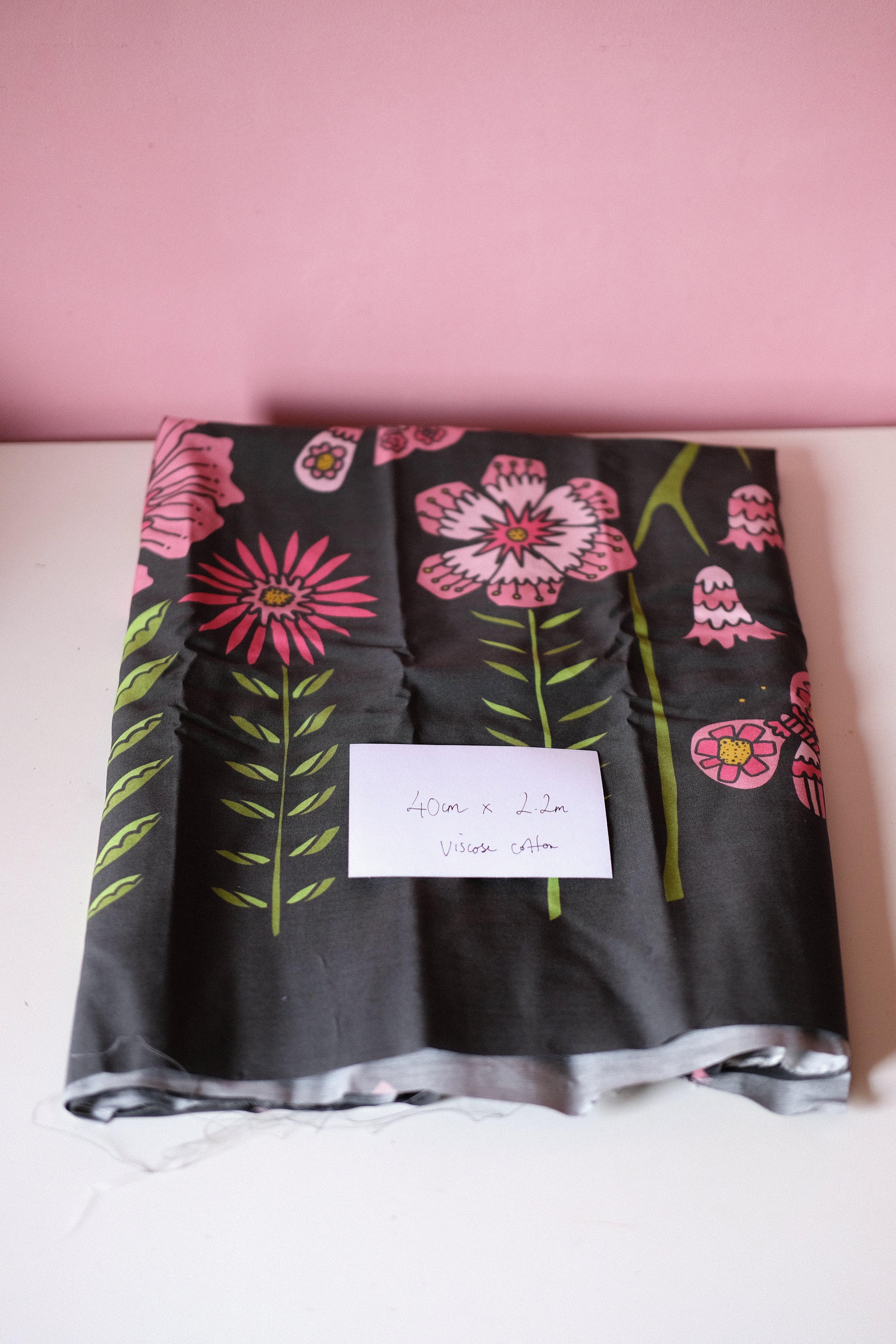 Studio Sale: Midsummer Meadow Black Viscose-Cotton - Remnant Piece: 2.2m x 40cm