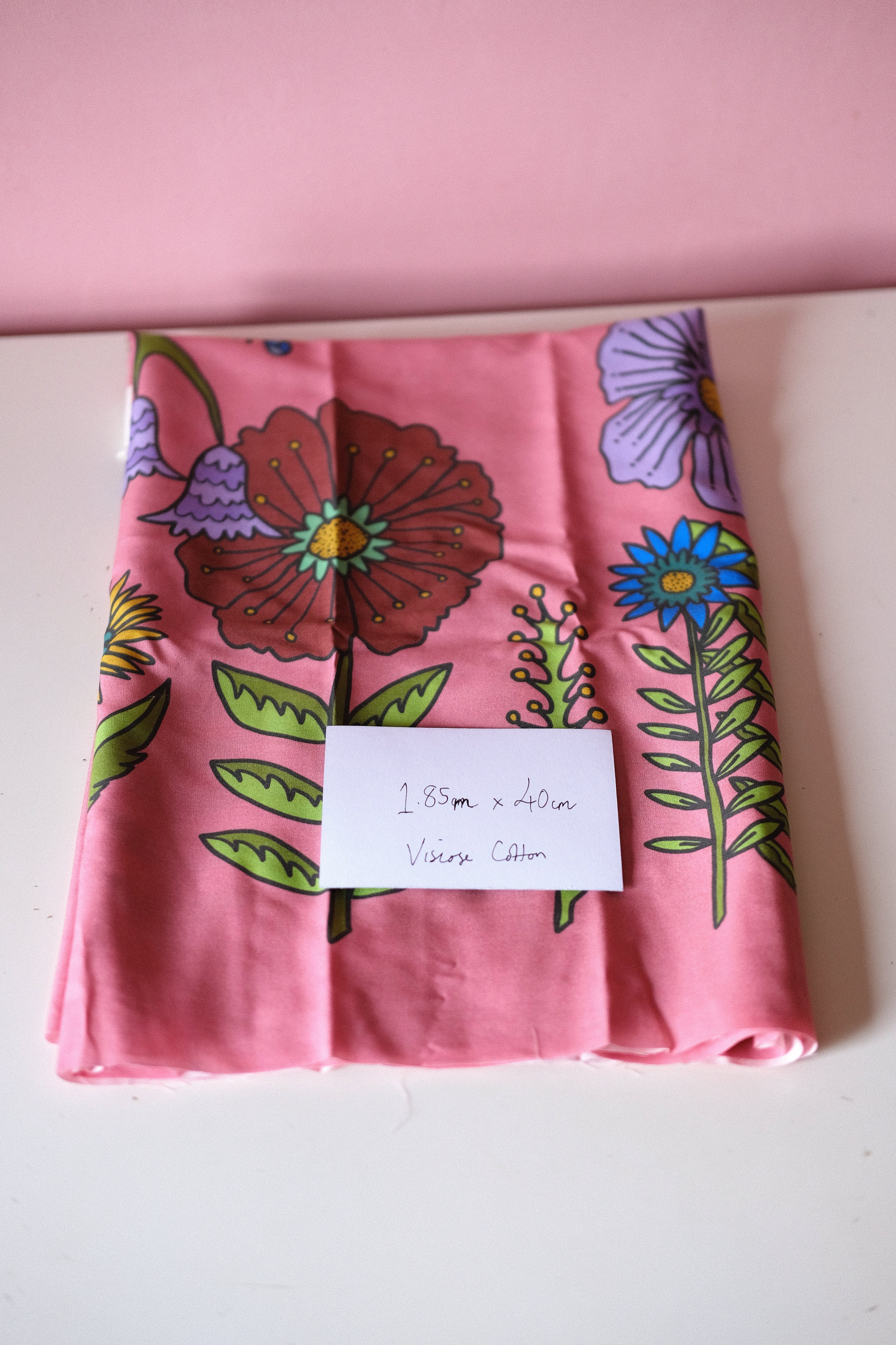 Studio Sale: Midsummer Meadow Pink Viscose-Cotton - Remnant Piece: 1.85m x 40cm