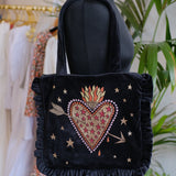 Flaming Heart Black Velvet Bag