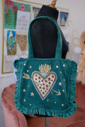 Flaming Heart Emerald Velvet Bag