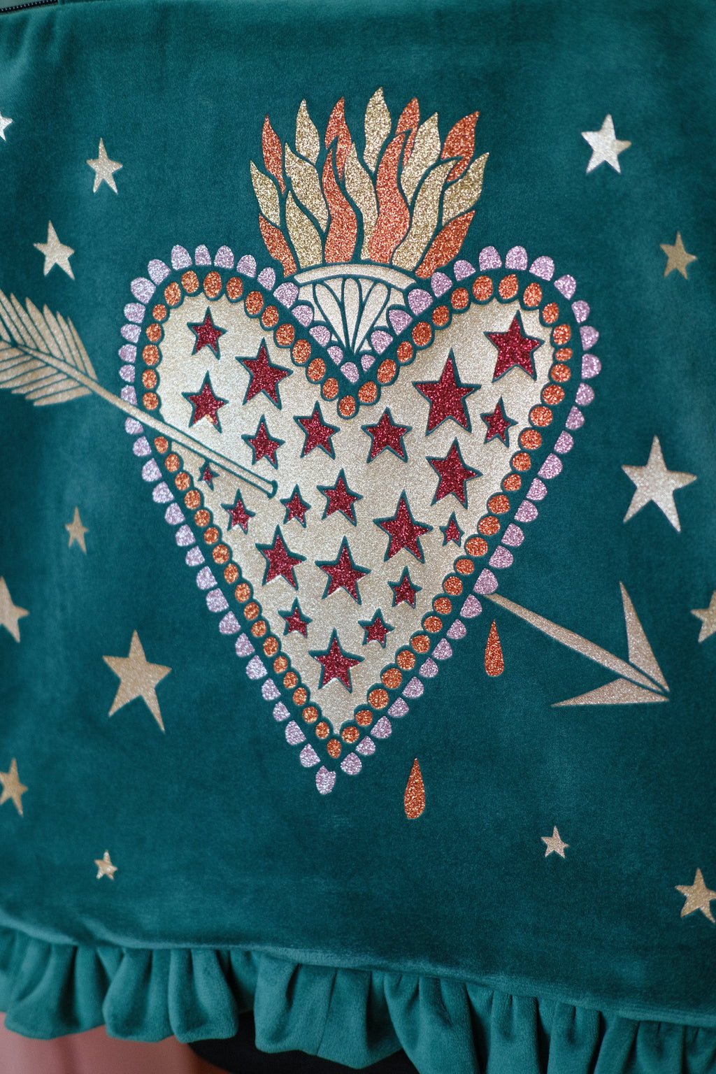 Flaming Heart Emerald Velvet Bag