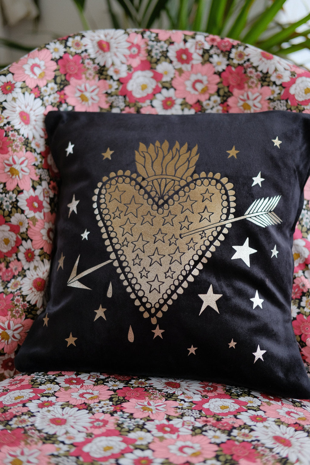 Flaming Heart Black Velvet Cushion Cover