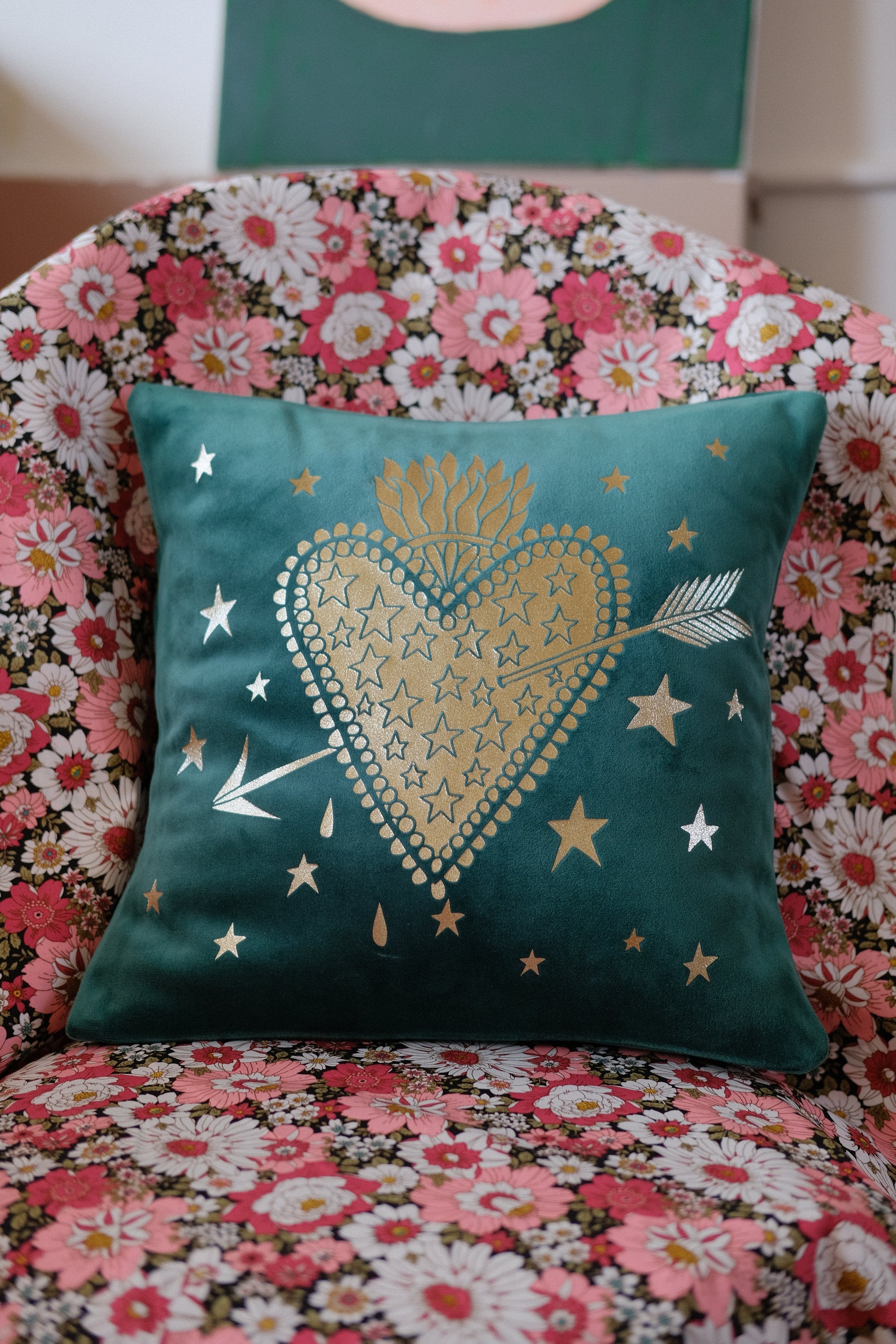 Flaming Heart Emerald Velvet Cushion Cover