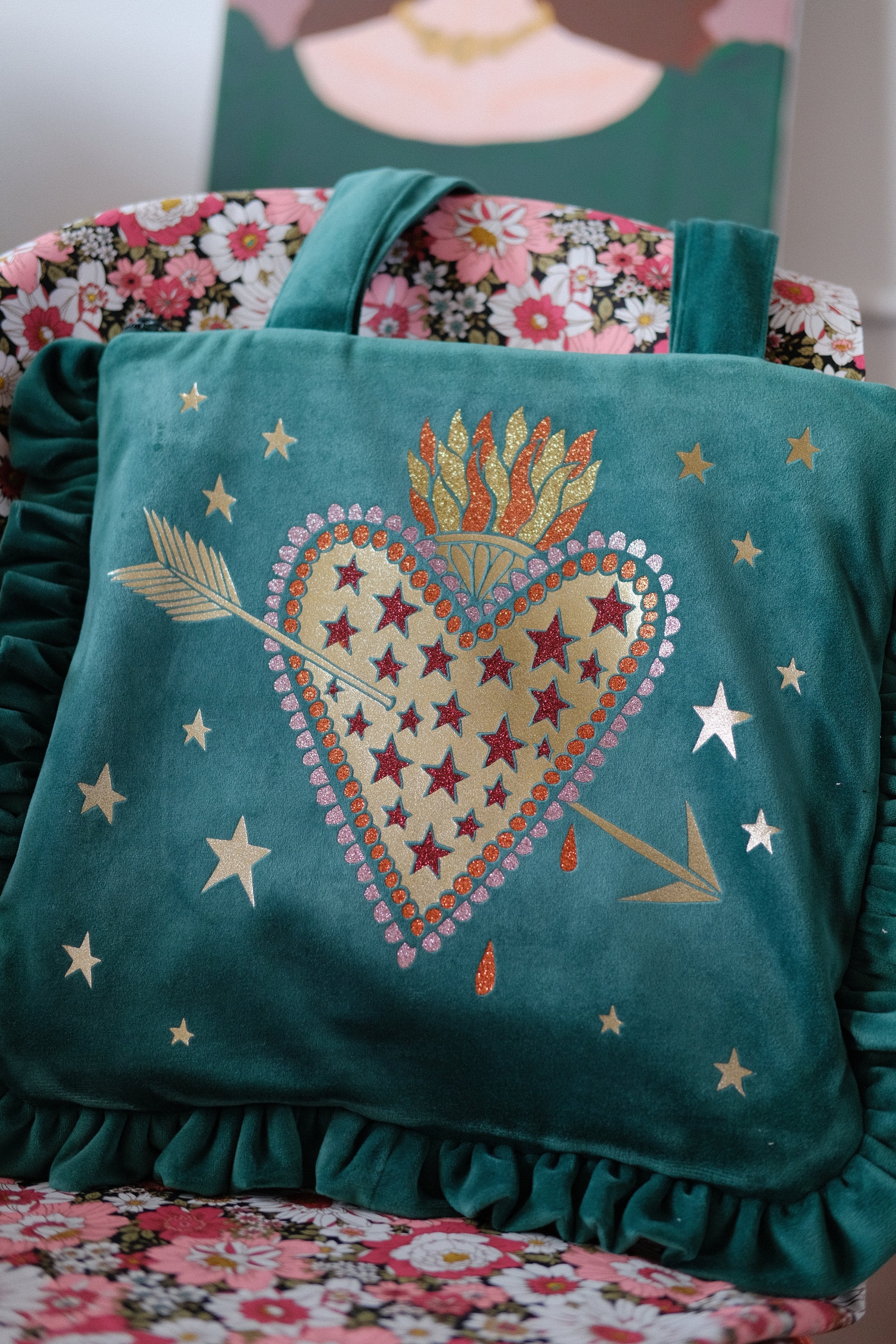 Flaming Heart Emerald Velvet Bag