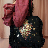 Flaming Heart Black Velvet Bag